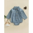 thumbnail image 2 of Newborn Baby Girl Long Sleeve Bodysuit Clothes Spring Fall Turn-Down Collar Button-Down Front Double Pockets Denim Jumpsuit, 2 of 9