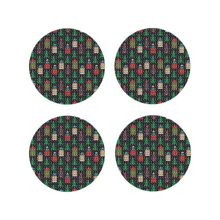 

Junzan Christmas Trees And Houses Print Coasters for Drinks - Leather Coasters Set of 4 for Coffee Table for Housewarming/Kitchen/Bar/Decor-Round Shape