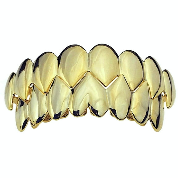 14K Gold Plated Shark Teeth Grillz 8 Top & Eight Bottom Set Vampire Fangs Premade Grills