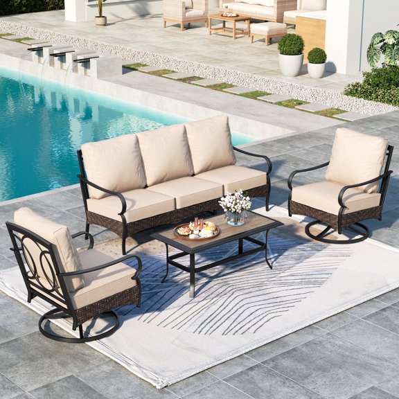 Summit Living 4-Piece Outdoor Patio Conversation Set with Swivel Chair, Outdoor Patio Furniture Set with Wood-look Coffee Table for 5 People, Beige