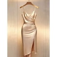 thumbnail image 4 of Champagne Satin Bodycon Dress With Pearl-Embellished Spaghetti Straps, Crossover Neckline, Ruched Waist And Side Slit, 4 of 6