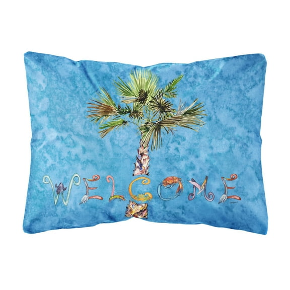 Carolines Treasures 8708PW1216 Welcome Palm Tree on Blue Canvas Fabric Decorative Pillow , 12H x16W, multicolor