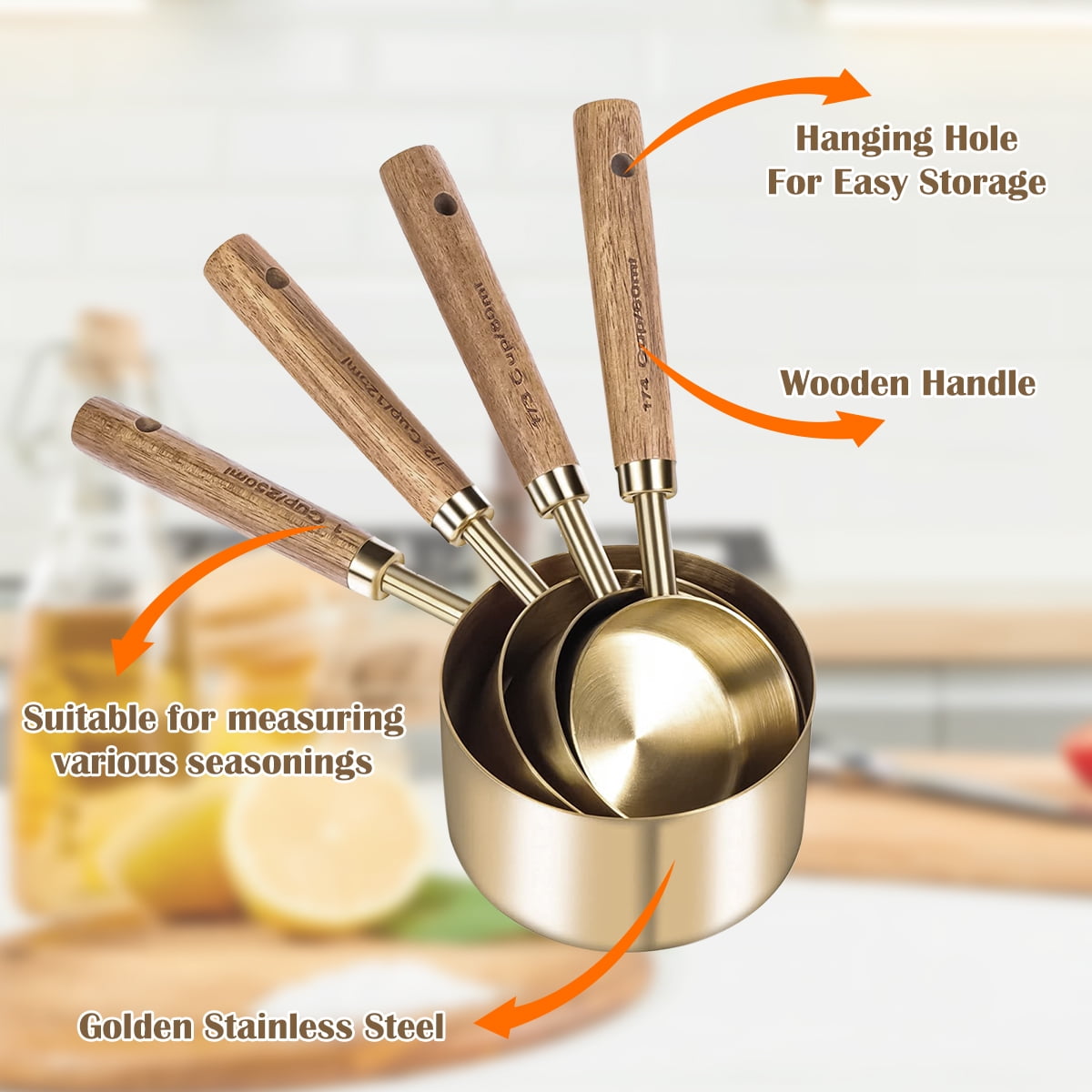 FUYGRCJ 8PCS Measuring Spoons and Cups Set, Precision Measuring Cups with Wooden Handle, 4 Stackable Measuring Cups and 4 Measuring Spoons Set with Metric and US Measurements for Cooking & Baking