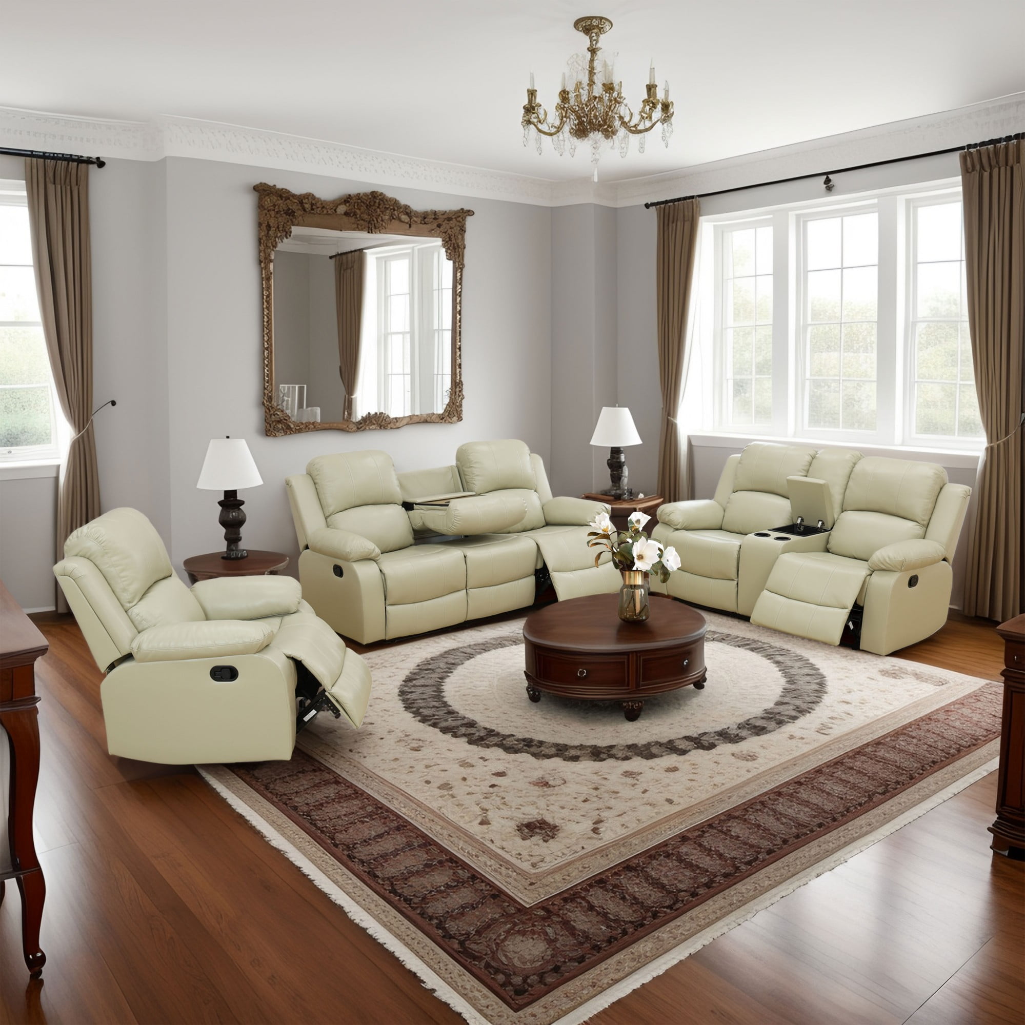 Gewnee Beige 3-Piece Living Room Air Leather Recliner Sofa Set with Console & Cup Holders
