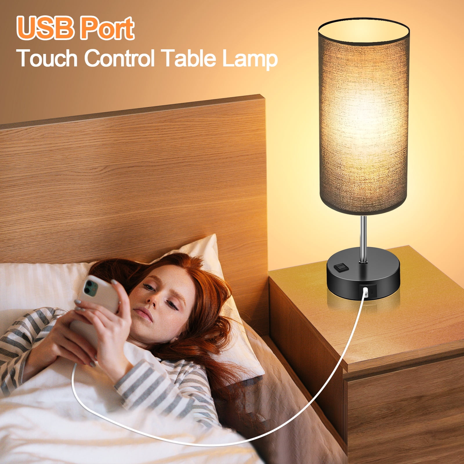 Table Lamps for Bedroom, 3 Way Dimmable Touch Control Bedside Lamp with USB C+A Fast Charging Ports, Nightstand Lamp for Office, Living Room, Reading(E26 Light Bulb Included), Black