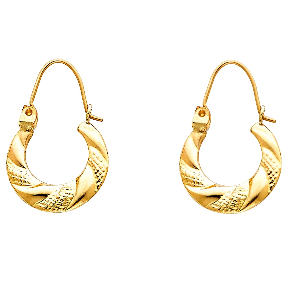 Round Dangle Hoop Earrings Solid 14k Yellow Gold Hollow Diamond Cut