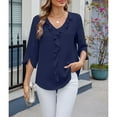 thumbnail image 6 of Womens Chiffon Pleated Blouse Mid Sleeve V Neck Ruffle Detail Loose Fit Top, 6 of 8