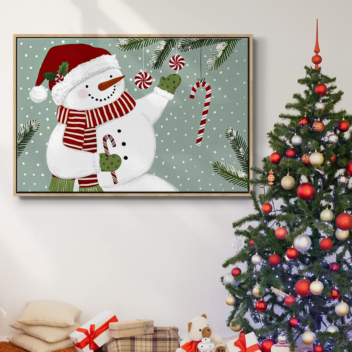 Peppermint Snowman Collection A - Framed Gallery Wrapped Holiday Canvas - 17 x 25 - Natural Wood Frame