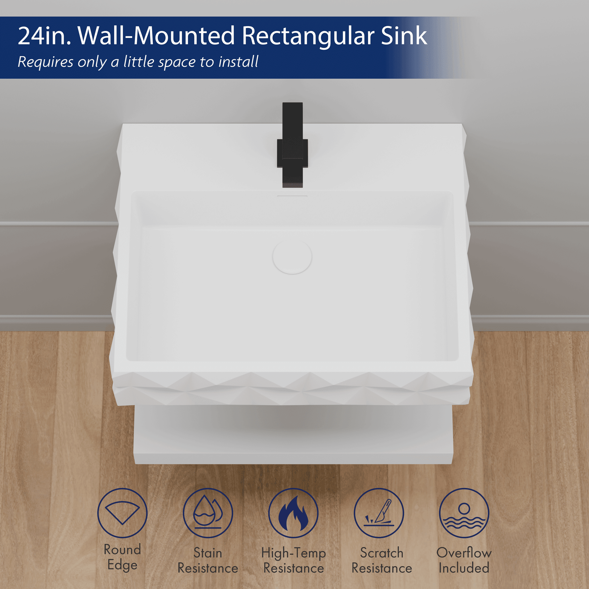 GESIPOR 24"x19" Bathroom Floating Vanity Sink with LED Light, Wall-Mount Stone Resin Bathroom Vessel Sink Rectangular Modern Art Basin with Shelf Layer