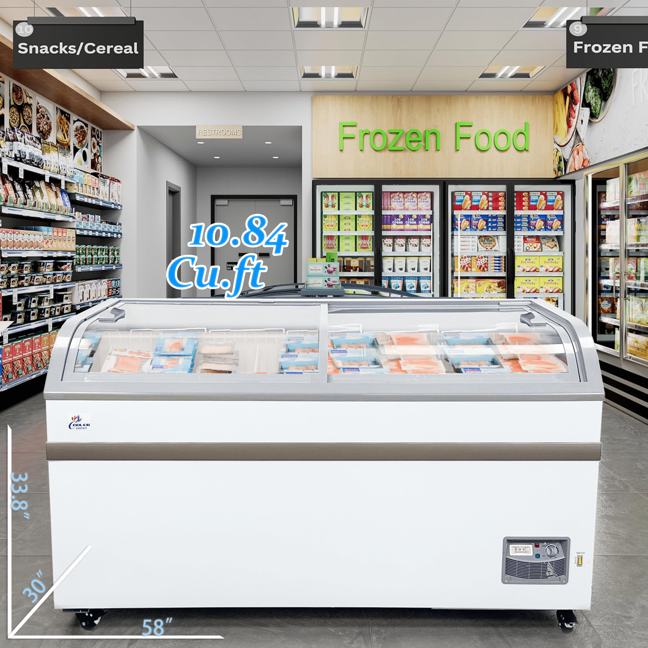 58" Commercial Chest Freezer with Curved Glass Sliding Doors, NSF Supermarket Display Freezer, LED Lighting, Grocery Island Freezer, Cooler Depot