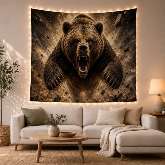 Grizzly Bear Roaring in Flying Rocks, Dramatic Realistic Fantasy Wall Art for Men, Teen Boys, Wildlife Animal Decor, Housewarming Gift, Tapestry Wall Hanging for Bedroom, Living Room and Dorm