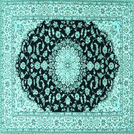 Ahgly Company Machine Washable Indoor Square Medallion Turquoise Blue Traditional Area Rugs, 7' Square