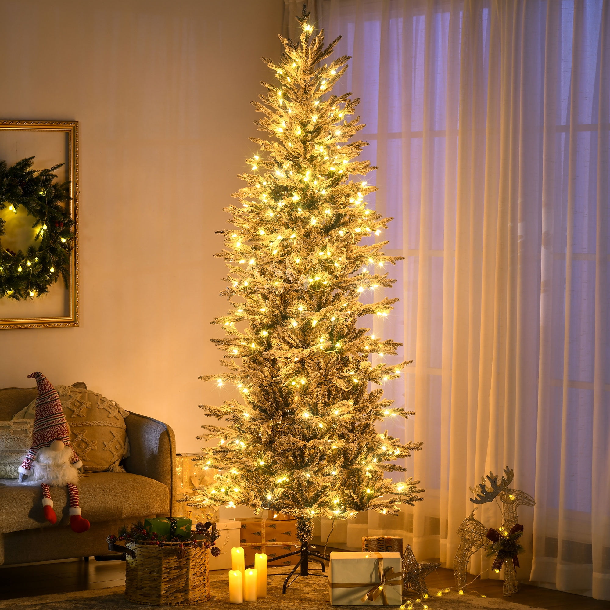 7.5ft Prelit Snow Flocked Christmas Tree with 350 Clear Lights 850 Tips Auto-Open Branches Indoor Decor