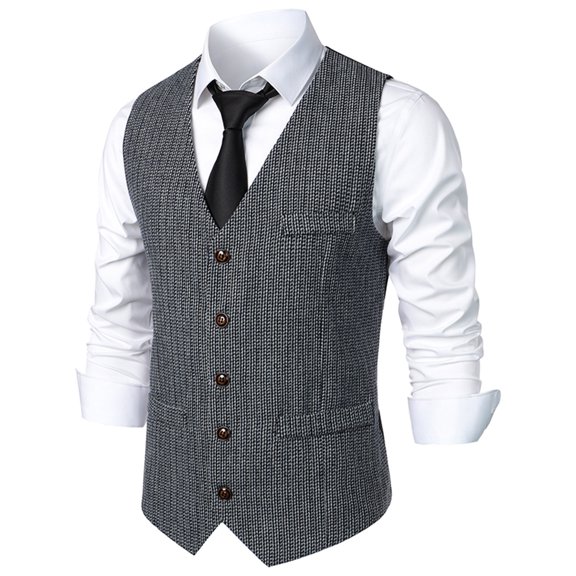 TMOYZQ Mens Vintage Herringbone Wool Tweed Suit Vest Business Casual V-Neck Sleeveless Slim Dress Waistcoat Tuxedo Vests with Pockets for Wedding Formal Prom