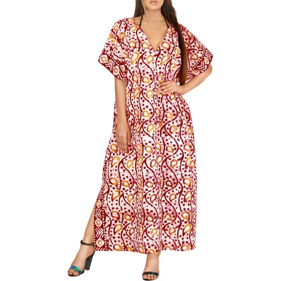 HAPPY BAY Women's Summer Batik Caftan Maxi Night Loungewear Dashiki House Dress V Neck Kaftan Sleepwear for Women Nightgown Plus Size 3X-4X Red, Leaves