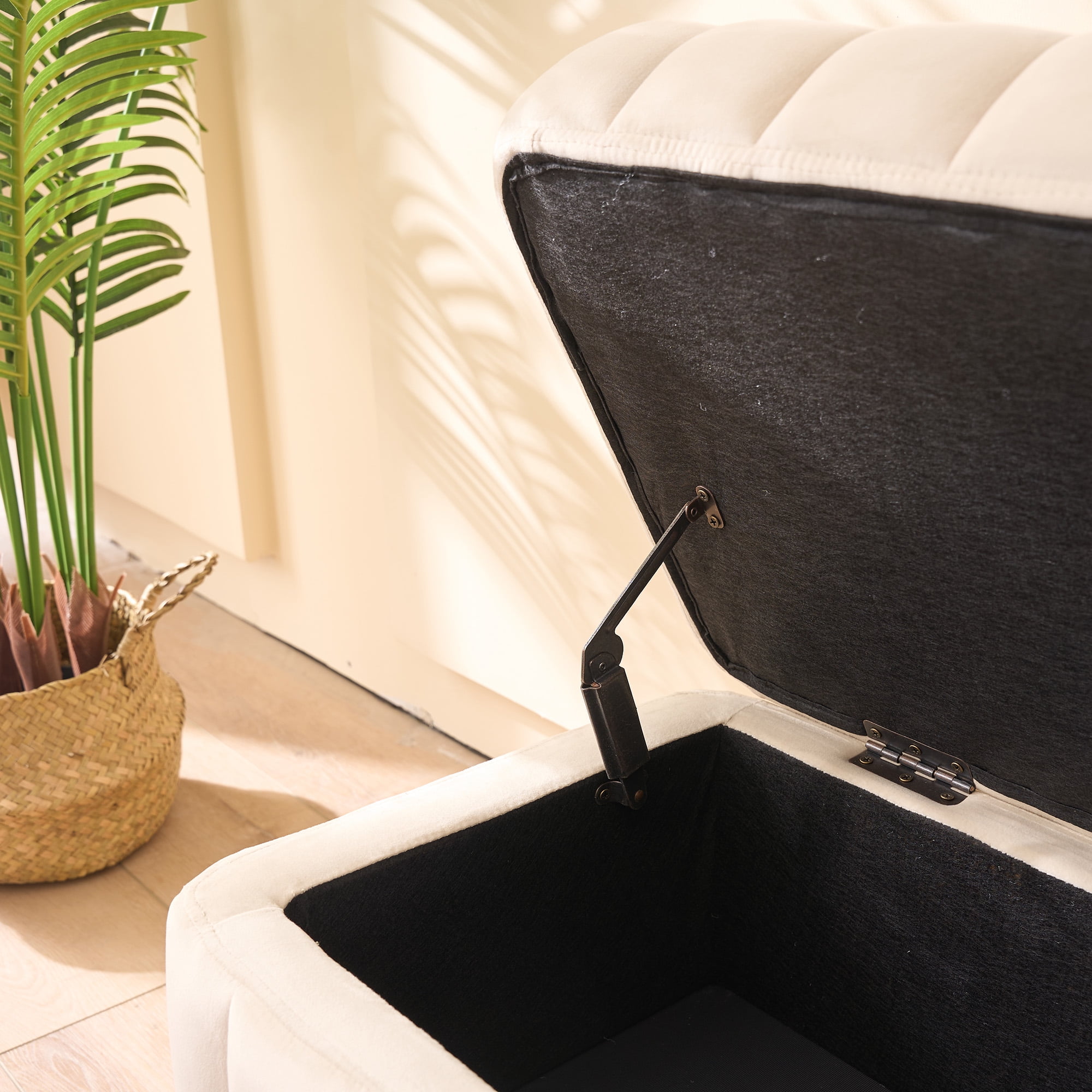 Storage Bench, Beige Velvet Upholstery with Hidden Compartment, 49.21 Inch Wide Soft Footstool Ottoman for Bed End, Living Room, Entryway, Black Metal Legs, 275 lb Capacity