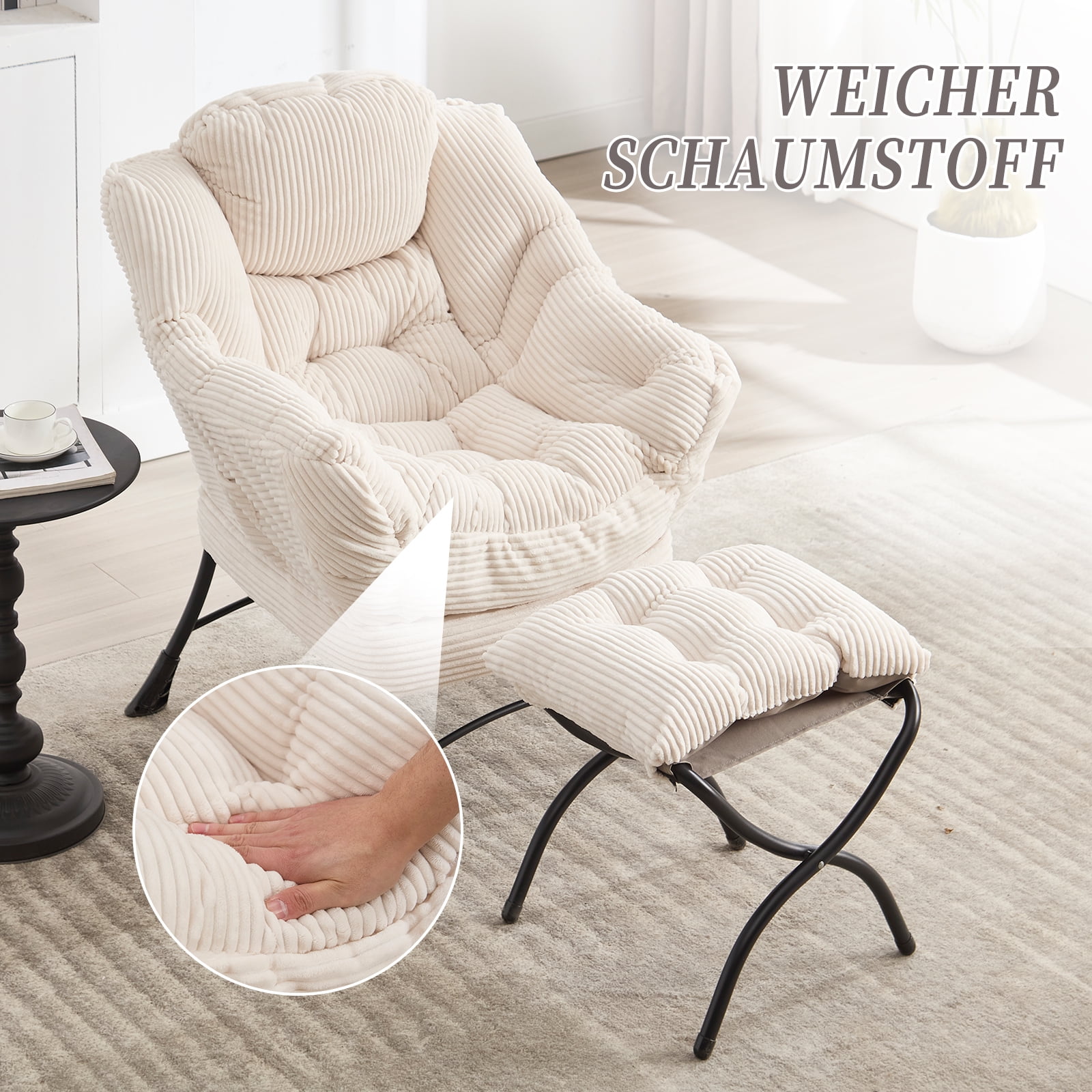 MOONMISS Accent Chair with Ottoman,with Armrests and Side Pockets、 Footrest for Living Room,White