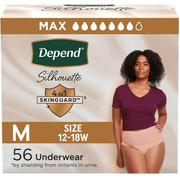 Depend Silhouette Adult Incontinence & Postpartum Bladder Leak Underwear for Women, Maximum Absorbency, Medium, Pink, 56 Count (2 Packs of 28), Packaging May Vary