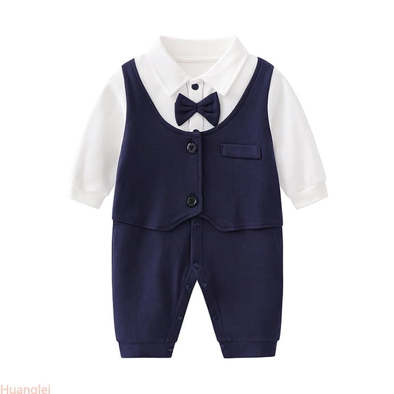 Huanglei Baby Boys Gentleman Romper Jumpsuit Long Sleeve Bowtie Outfit Formal Wear Tuxedo Suit ,0-3 Months ,Blue
