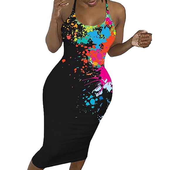 Leutsin Women Print Color Halter Fishnet Round Neck Dress Long Dress