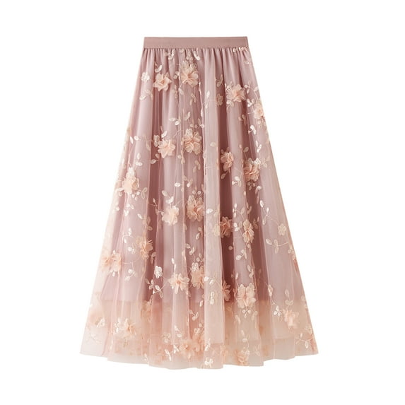 Gureui Women's Elegant Long Tulle Skirt, Elastic High Waist 3D Lace Floral Embroidery Pleated Mesh Layered Swing A Line Midi Skirt