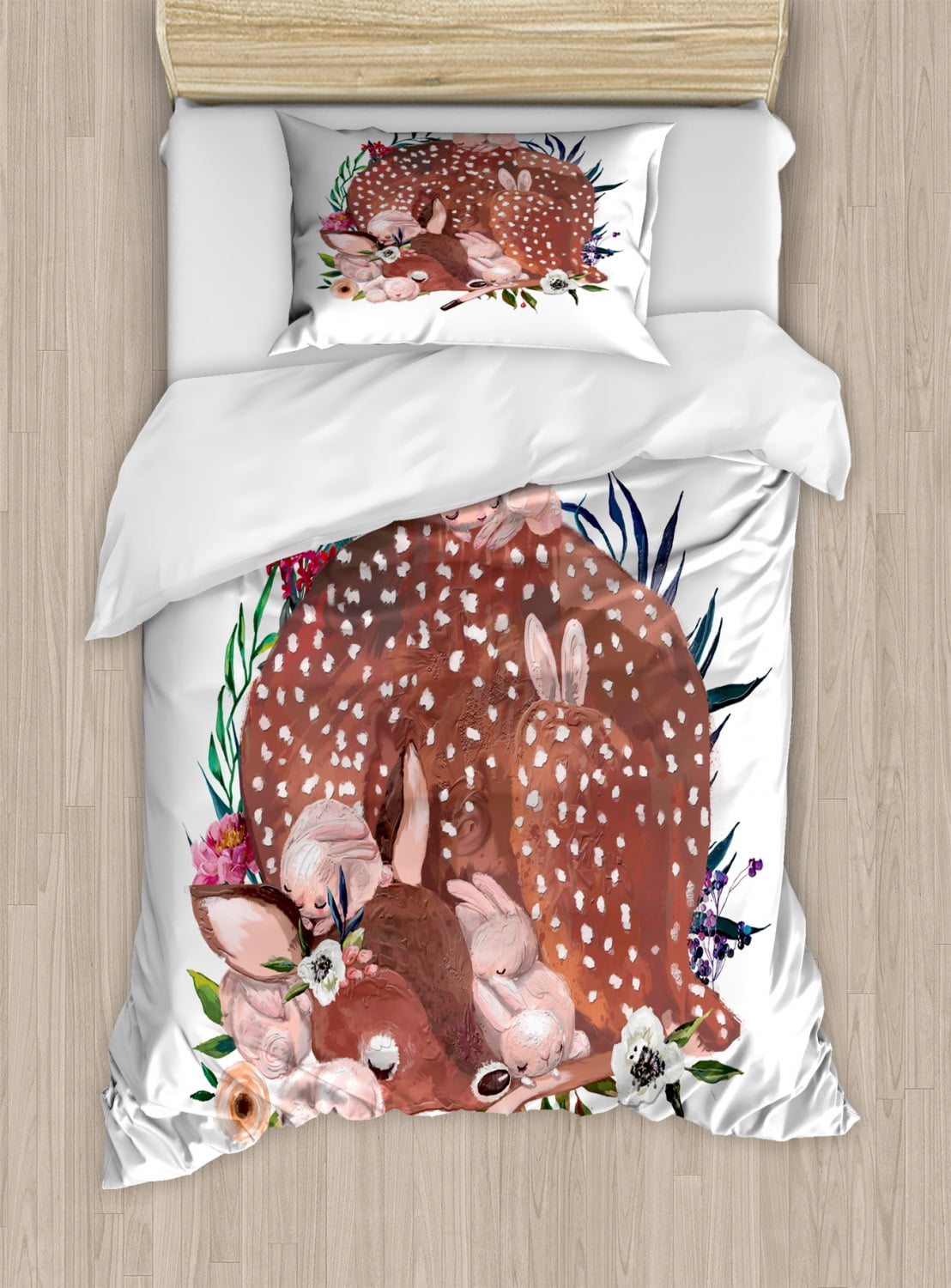 Kids Twin Size Duvet Cover Set, Artistic Illustration of a Deer with