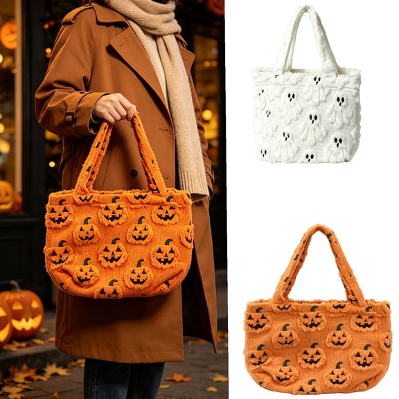 PYURTEP Halloween Pumpkin Tote Bag, Soft Knitted Reusable Shoulder Handbag, Large Capacity Trick‑or‑Treat Candy Bag for Holiday Party Daily Use
