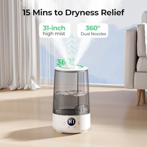 Humidifiers for Bedroom Home, 3.6 L Cool Mist Top-Fill 34H Super Long Time, Quiet 23dB, Baby Humidifier, Oil Diffuser for Large Room, House, Plant, Nursery, Office, BPA FREE, Ultrasonic (Grey)