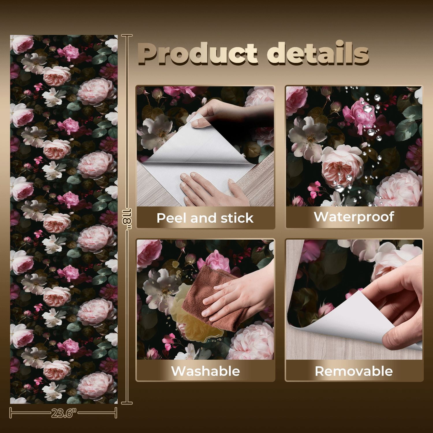 Peel and Stick Wallpaper Soft Pink Roses Delicate White Flowers Dark Wall Mural 23.6in x 9.8ft Self Adhesive Removable Wall Paper Renter Friendly Wallpaper for Nursery Bedroom Cabinets