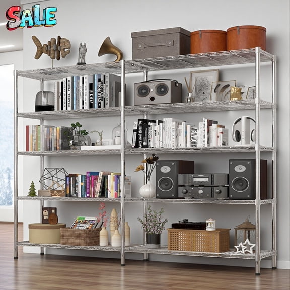 Tcbosik 69.7''W Metal Shelf, 5-Tier Wire Shelving Unit, Adjustable Kitchen Pantry Storage Rack, Commercial Shelf for Garage Organizer, 69.69"L x 15.75"W x 70.87"H, Chrome