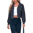 thumbnail image 2 of Long Sleeve Stand Collar Solid Women Zipper Bomber Jacket Motorcycle Crop Coat, 2 of 6