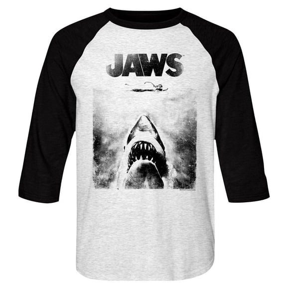 Jaws Black And White Adult Raglan Baseball T-Shirt