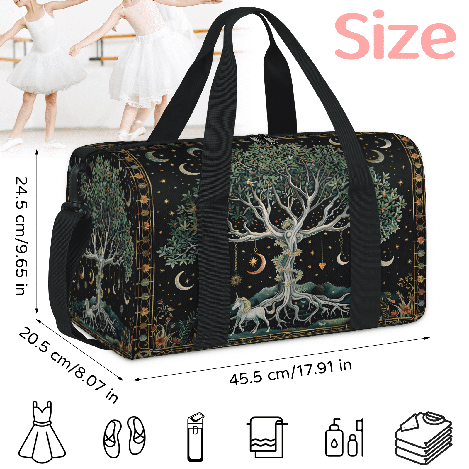 Herdesigns Forest Moon Tree Travel Duffle Bag Sports Yoga Weekender Overnight Carry on Workout Bags Lightweight Waterproof Gym Tote Bag for Women