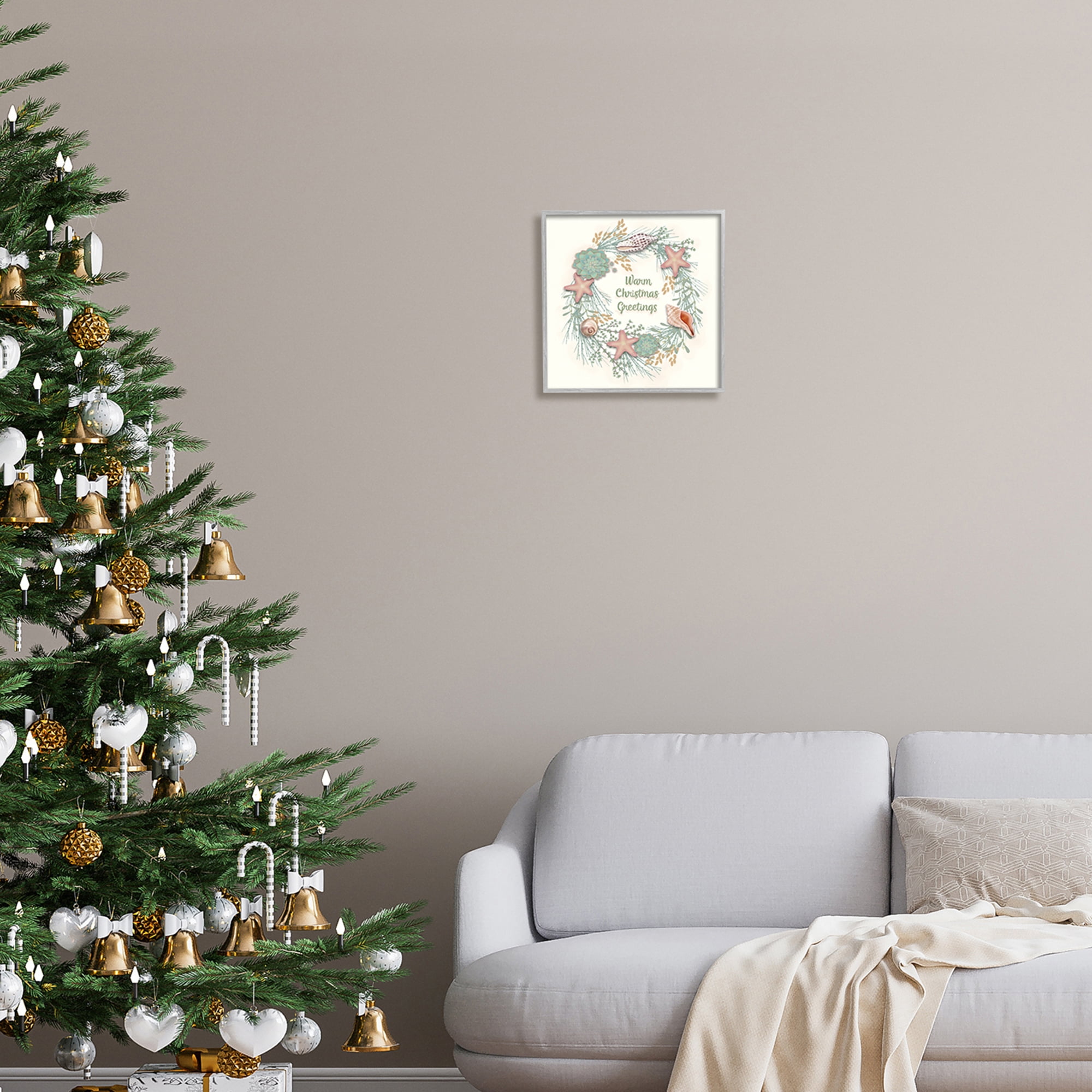 Warm Christmas Greetings Beach Shells Themed Wreath Coastal Graphic Art Framed Art Print Wall Art