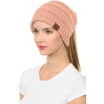 thumbnail image 2 of C.C BeanieTail Soft Stretch Cable Knit Messy High Bun Ponytail Beanie Hat Pink, 2 of 3