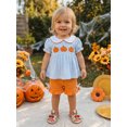 thumbnail image 3 of RUINIXCW Toddler Baby Girl Halloween Outfit Infant Baby Girls Summer Fall Clothes Pumpkin Embroidery Short Sleeve Doll Collar Striped Babydoll Shirt Tops and Shorts Set, 3 of 8