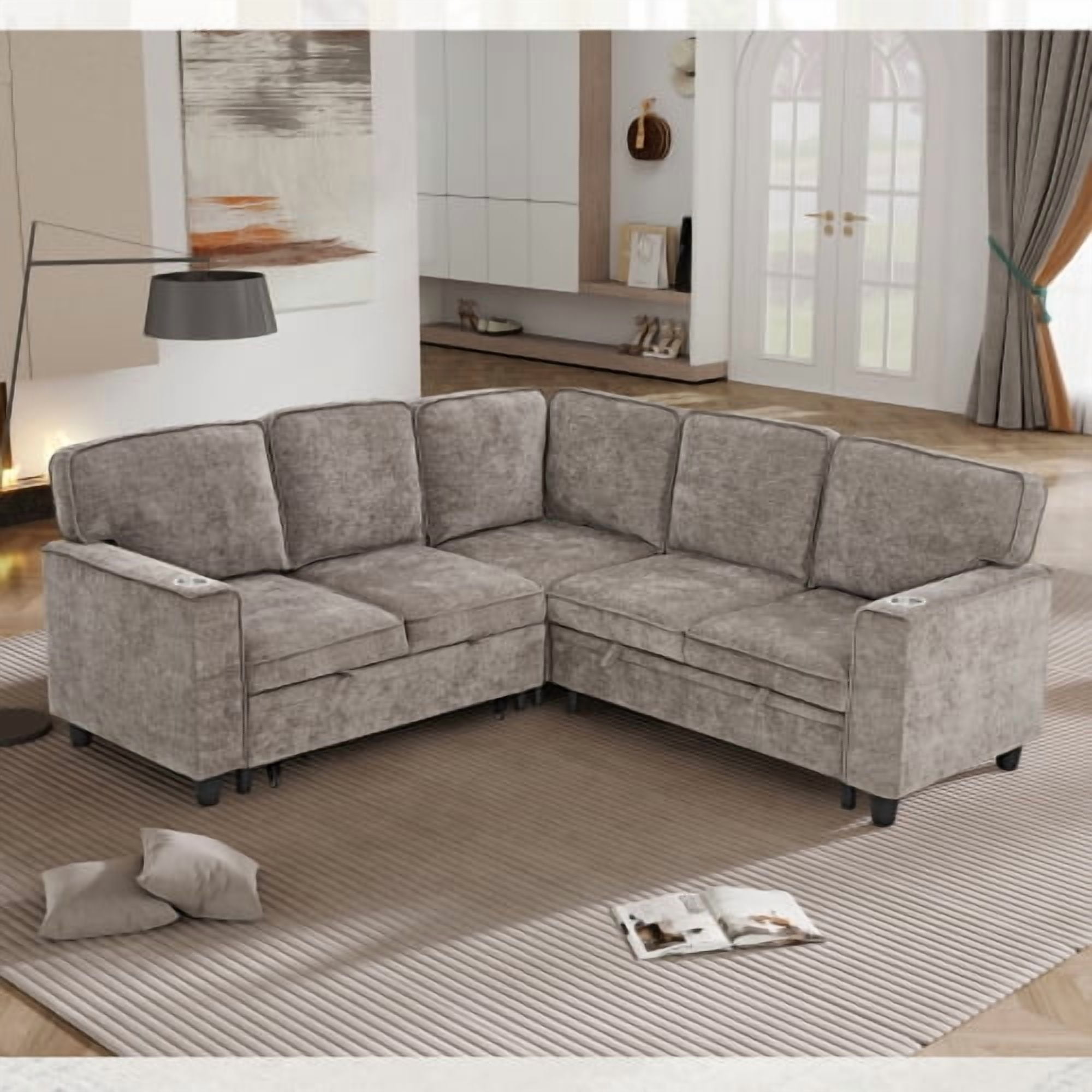 81" L-Shaped Sectional Sofa Bed with Pull Out Sleeper & Storage Seat, 5-Seat Convertible Couch with USB & Type-C Ports, Light Brown