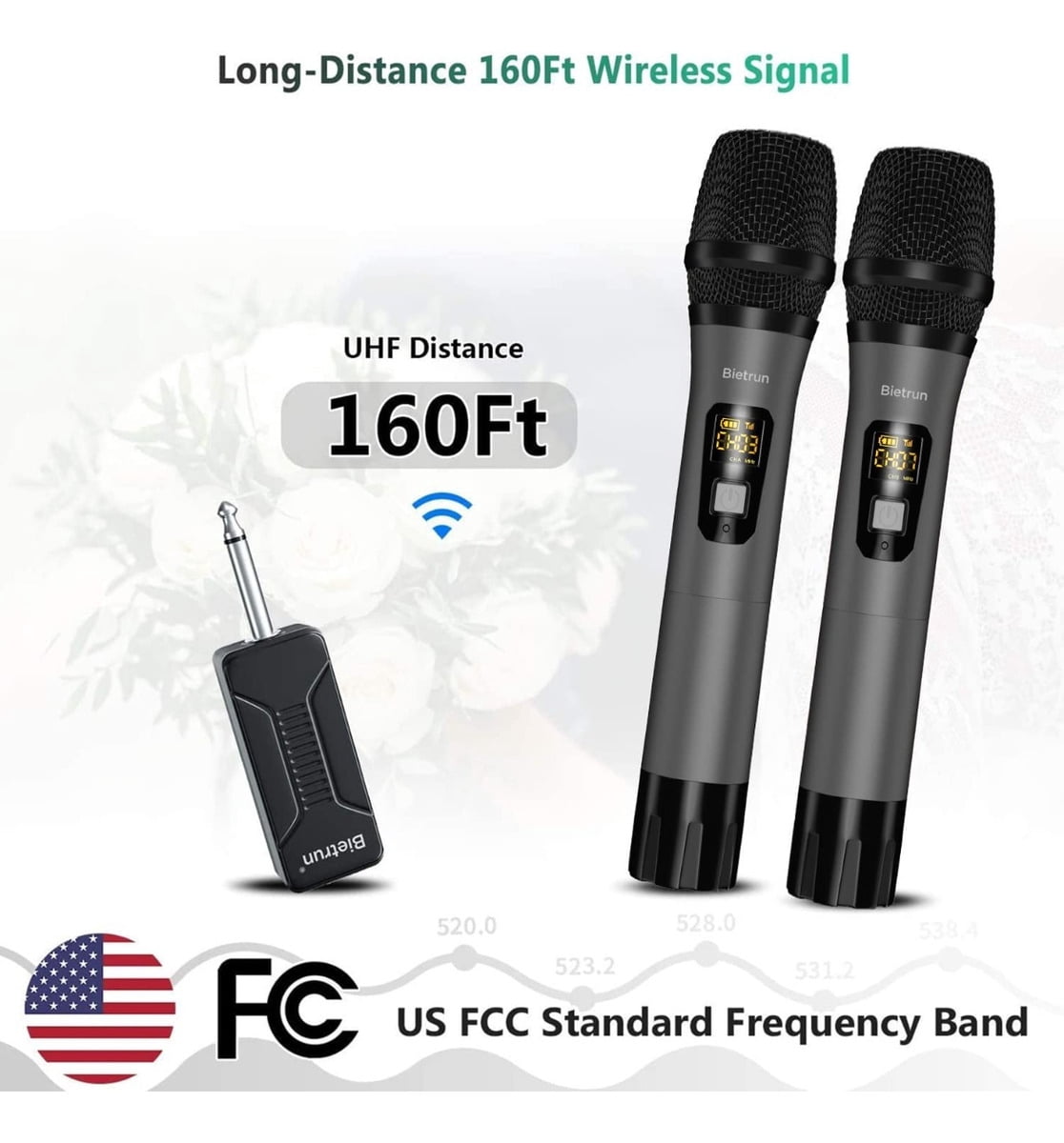 Wireless Microphone, Bietrun UHF Metal Dual Handheld Cordless Dynamic Mic System with Rechargeable Receiver, 1/4‘’Output, for Karaoke, Church, Speech, Wedding, Party Singing(160 ft Range)
