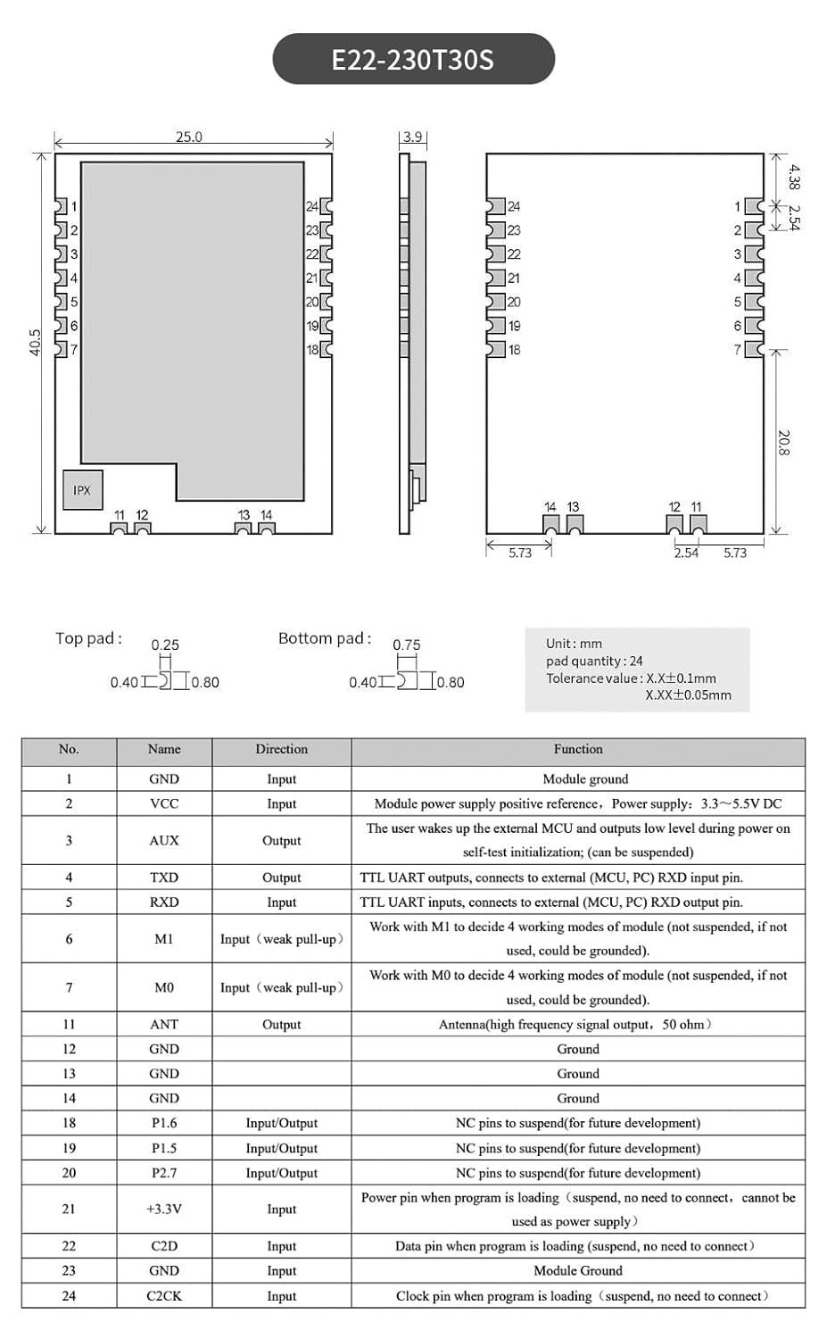 LoRa 230MHz TCXO 30dBm SMD Wireless Transceiver E22-230T30S IPEX Stamp Hole 1W Long Distance Transmitter and Receiver