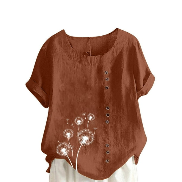 Vestidos Casuales Para Mujer, Blusas De Mujer De Moda Blusa informal de lino con cuello redondo, manga corta y botones para mujer