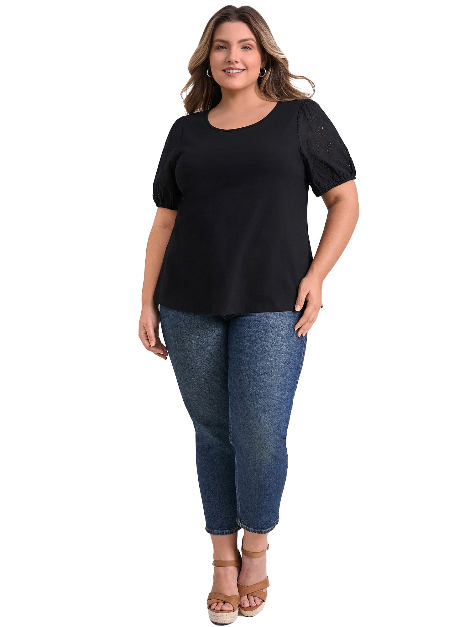 DARING DIVA Women's Plus Crew Neck Embroidered Short Sleeve Blouse 1X Black