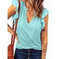 thumbnail image 2 of Blusa Informal de Verano con Volantes y Corta para Mujer, Cuello en V, Elegante Blusa de Oficina, Azul , Talla M, 2 of 7