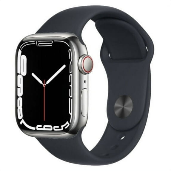 Pre-Owned Apple Watch Series 7 (GPS) 45mm Silver Stainless Steel Case with Black Sport Band,