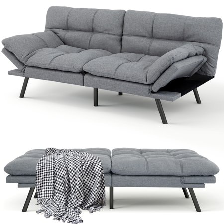 Futon Sofa Bed, 71" Convertible Memory Foam Grey Couch with Adjustable Backrest and Armrest, Suitable for Offices
