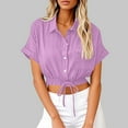 thumbnail image 2 of BLVB Womens Cotton Linen Button down Cropped Shirts Short Sleeve Casual Crop Tops Solid Lapel Blouse Shirt with Chest Pocket, 2 of 6