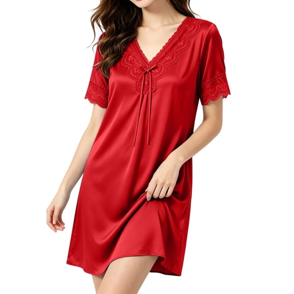 Lenpel Womens Satin Nightgown Silky V Neck Short Sleeve Knee Length Sleepwear Dresses Trendy Lace Trim Tie Front Pajama Dresses