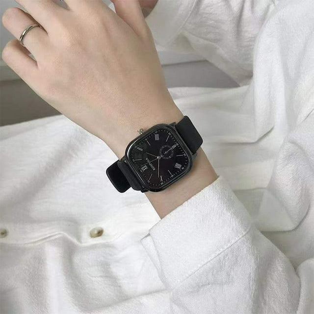 Ceinture en Cuir Noir et Blanc Mode Simple Hommes Femmes Cadran Montre Tendance Carré