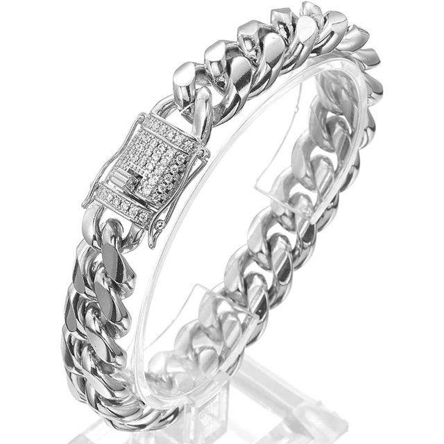 GHSDFBB Chaîne Cubaine Miami pour Hommes, Collier en Acier Inoxydable Blanc 15mm avec Collier Ras du Cou en Diamant