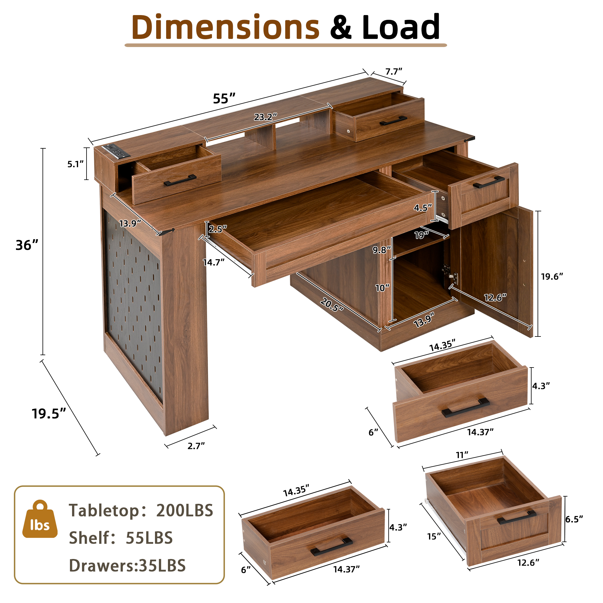 Mintazer 55" Farmhouse Office Desk with Charging Station & Storage Drawers, Computer Writing Desk with Monitor Stand, Keyboard Tray & Pegboard for Study Living Room Home Office, Walnut