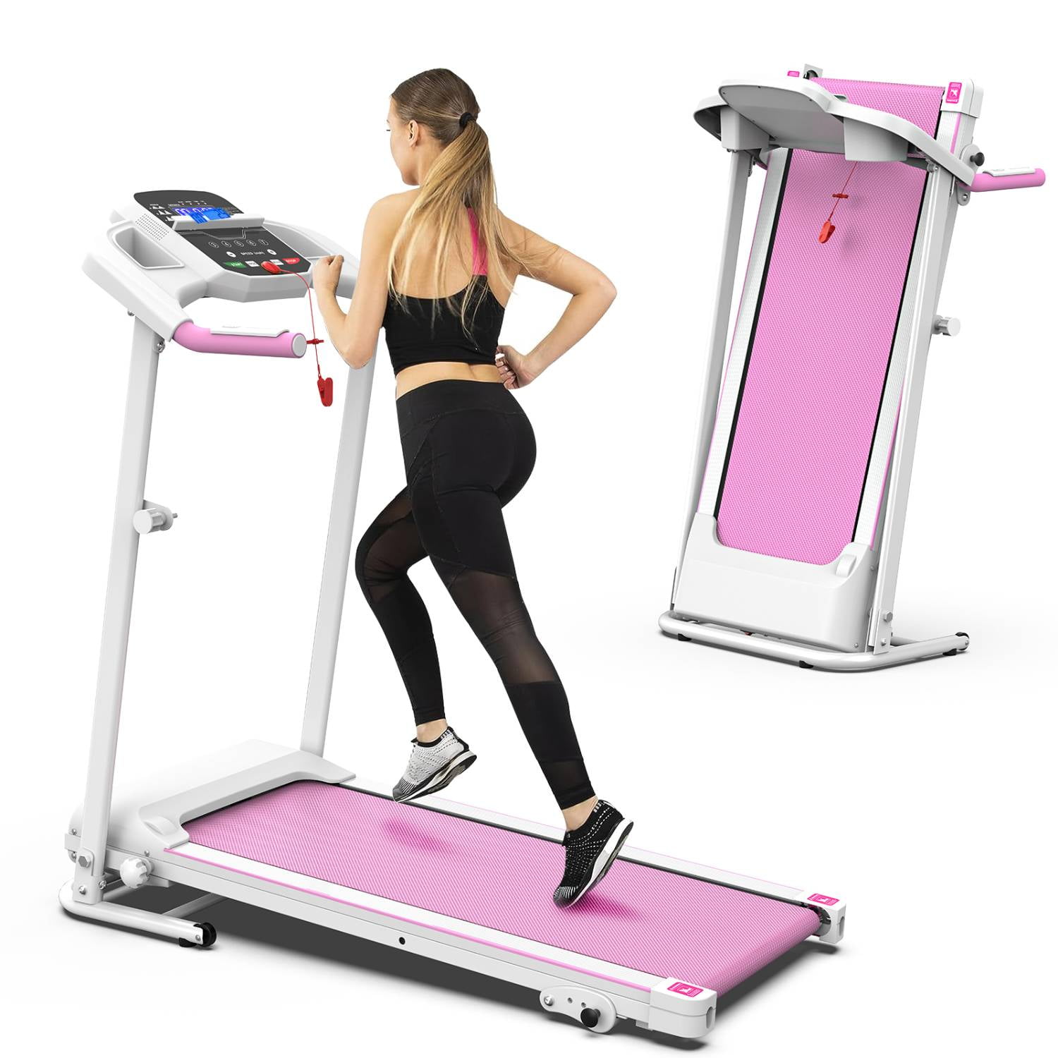 SLOK 2.5HP Folding Treadmill, 7.5MPH Running Machine with 12 Programs & LCD Display, Compact Exercise Equipment for Home Gym, Pink